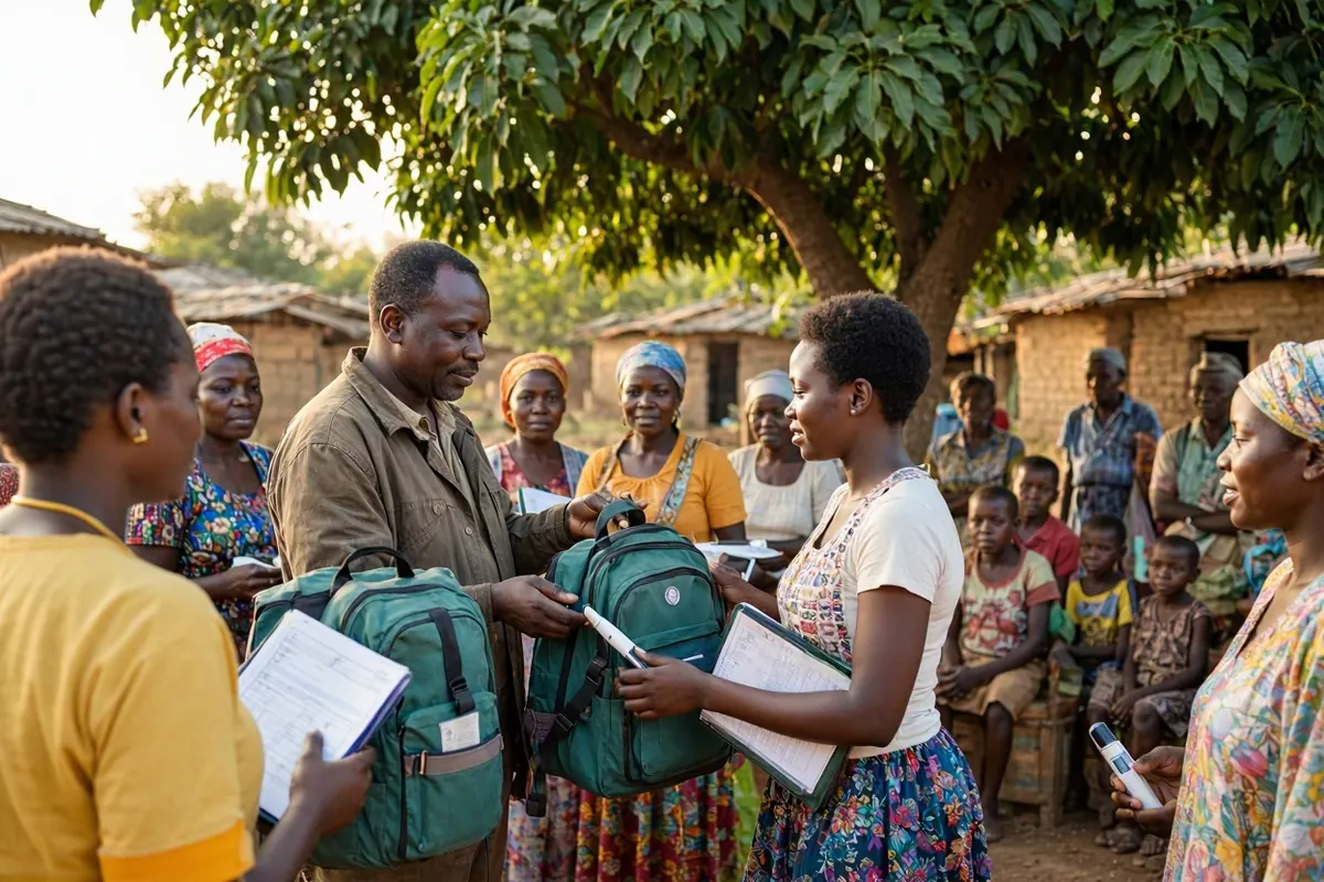 Remise de kits à des agents de santé communautaire dans un village